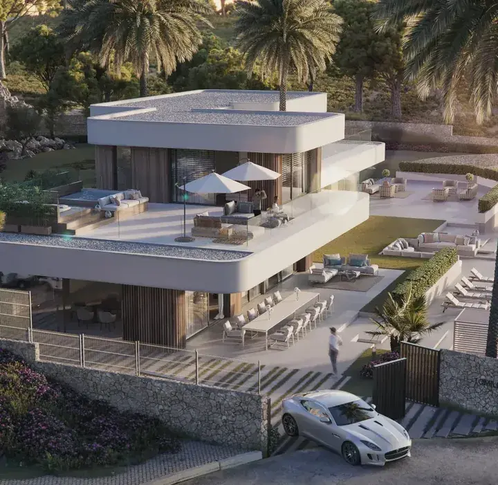 Illustrasjon av en moderne villa på Las Colinas med terrasser, basseng og bil i innkjørselen